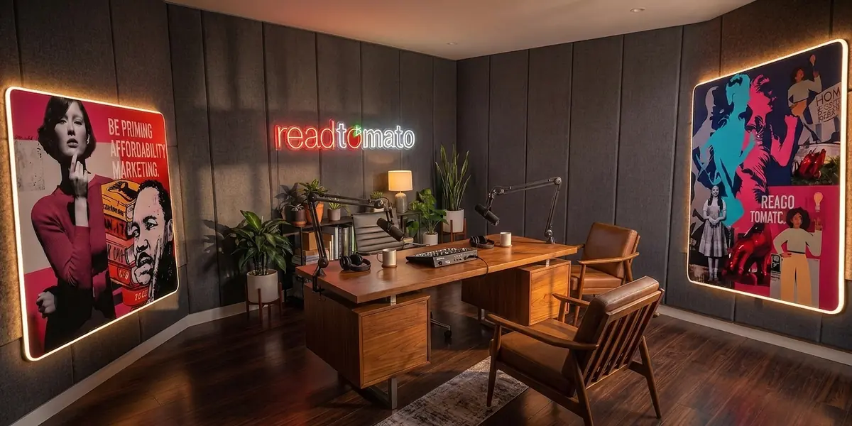 The ReadTomato studio: a desk with podcast microphones under a neon ReadTomato sign