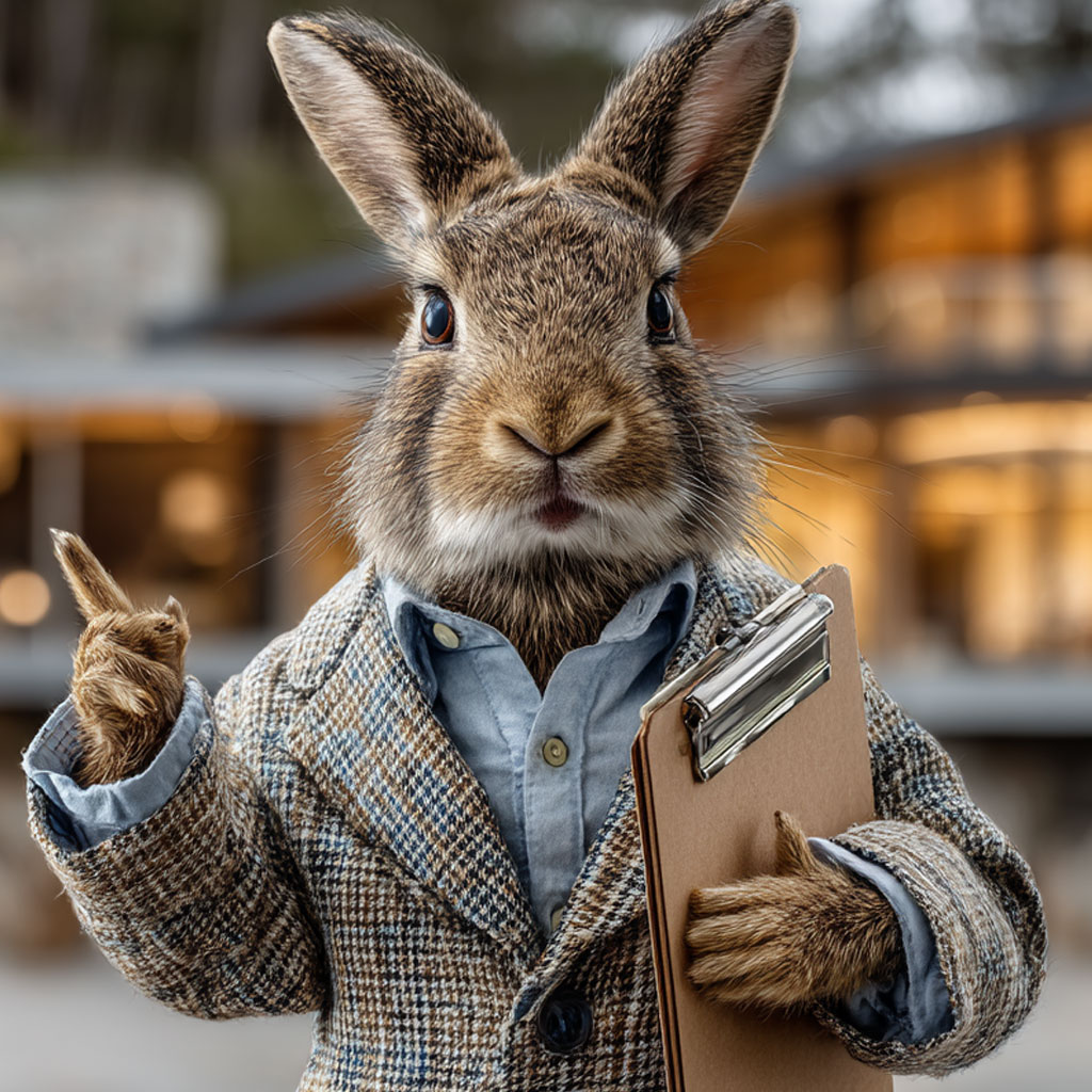 a rabbit realtor standing in front of a luxury property