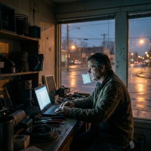 Small business owner checking at night what ChatGPT says about his local heating and cooling business